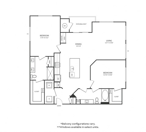 Floor plan for 2 beds, 2 baths, 1239 sqft